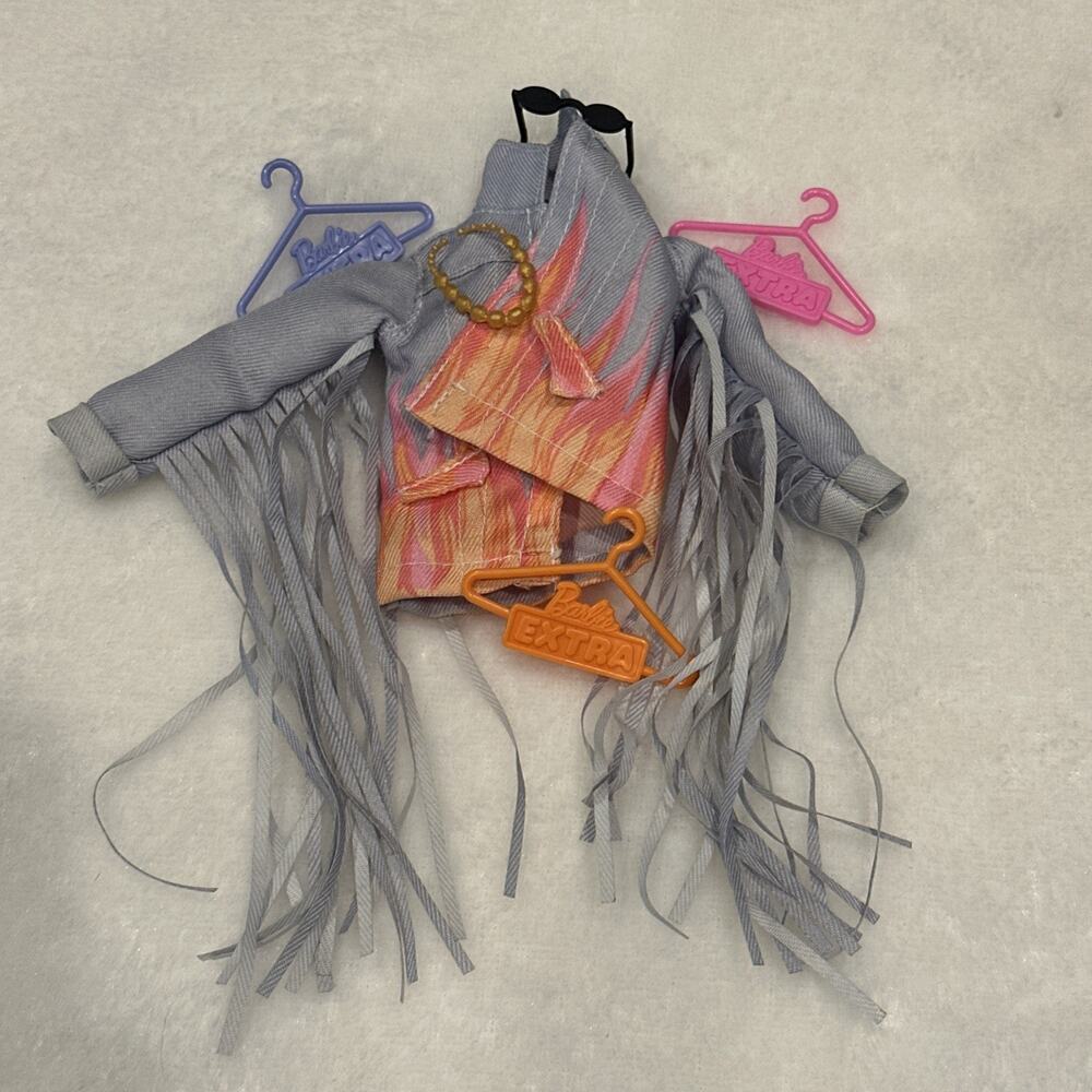 Barbie Extra #5 Doll Outfit Coat Accessory Denim Jean Jacket Fringe Sleeve Flame